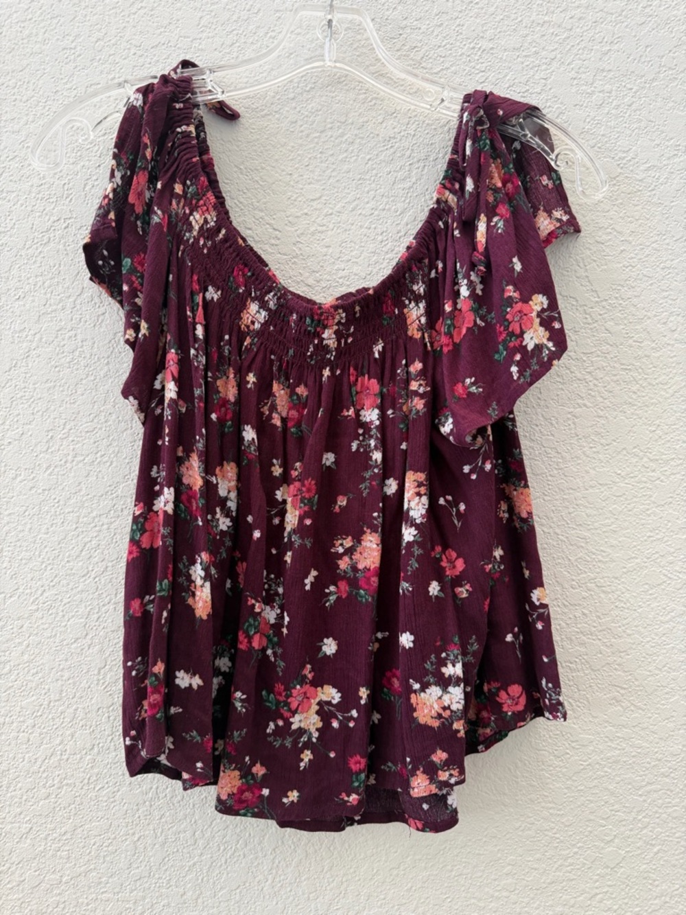 Xhilaration Burgundy Floral Off-Shoulder Tie-Strap Top